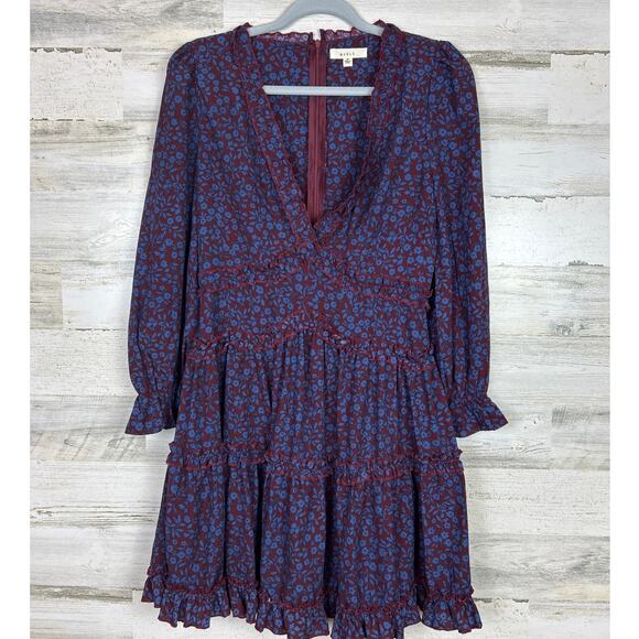 Mable by Anthropology womens medium blue red boho mini dress ruffle floral - Picture 1 of 8
